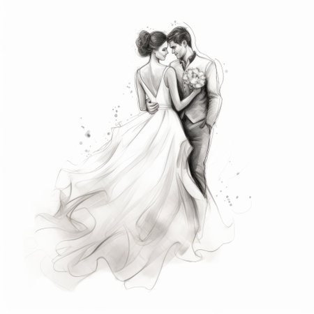 this sketch of a wedding scene features a couple in full-body view against a bright white hand-drawn background. the intricate details and elegant lines capture the essence of a joyful wedding moment, making it a beautiful addition to any collection of artwork. ai generatedの素材