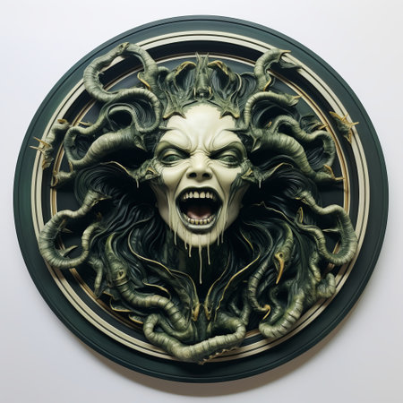 the medusa features a rotting grave-dwelling humanoid with sharp claws and fangs in a closeup portrait within a perfect circle frame, set against a white background. the lovecraftian horror vibe is evident in this 1930's acrylic paint piece, accentuated by dark colors. ai generatedの素材