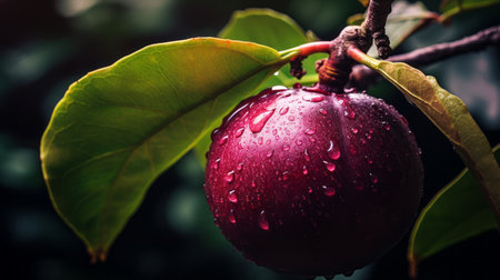 mangosteen fruit hanging on a tree, captured in a macro photo, displaying detailed texture and beautiful color variations. tropical fruit, close-up shot, lush green leaves in the background. organic food, ripe fruit, fresh produce, healthy eating concept. ai generatedの素材