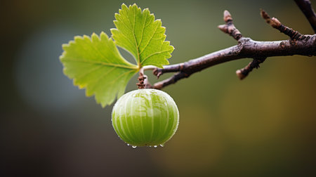 gooseberry on a tree with detailed texture and color blend, captured in an up-close macro shot. green gooseberry close-up. ai generatedの素材