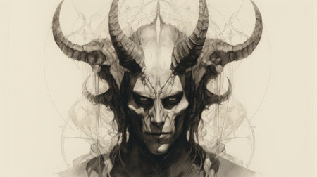 the art deco sketch features a demon in black and white, showcasing intricate graphite drawing techniques. the piece includes prominent sketch marks and planning lines, adding depth and texture to the design. ai generatedの素材