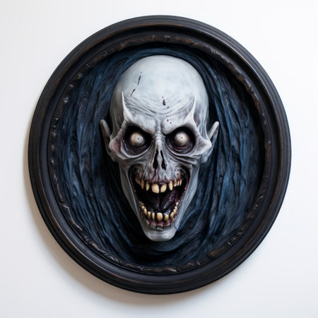 vampire - creepy undead creature with pointy teeth and claws, close-up 2d circle portrait in a lovecraftian horror-themed setting. 1930s vibe, acrylic paint on a white background, dark and eerie colors. ai generatedの素材