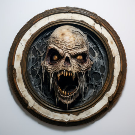 the mummy, with its rotting features, sharp claws, and fangs, is depicted in a close-up portrait captured in a perfect circle frame. this lovecraftian horror-inspired artwork from the 1930s is painted in acrylic with dark colors, set against a white background. ai generatedの素材
