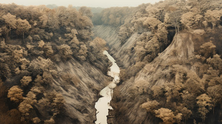 aerial landscape of a narrow white river captured in a vintage sepia-toned style. this captivating photo showcases an otherworldly scene with its moody and atmospheric ambiance. perfect for photo, art, and painting projects, the image features organic textures and can be enhanced through vector, retouching, or the use of the samyang af 14mm f28 rf lens. immerse yourself in the beauty of this kintsugi-inspired landscape.の素材
