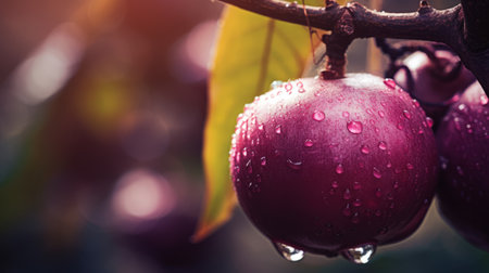 mangosteen fruit hanging on tree with bright color and unique texture, captured in close-up macro photography. purple mangosteen with vibrant hues and intricate details seen up close in a macro shot. ai generatedの素材