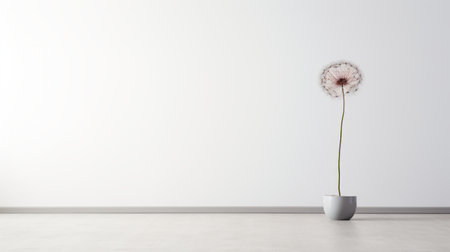 a dandelion stands alone in the center of an empty room, embodying abstract minimalism. this stunning stock photo captures the essence of minimalism with its playful and serene atmosphere. the image is high resolution at 32k uhd, perfect for minimalist art enthusiasts. explore the world of post-minimalism and minimalist ceramics through this 3840x2160 portrait. ai generatedの素材