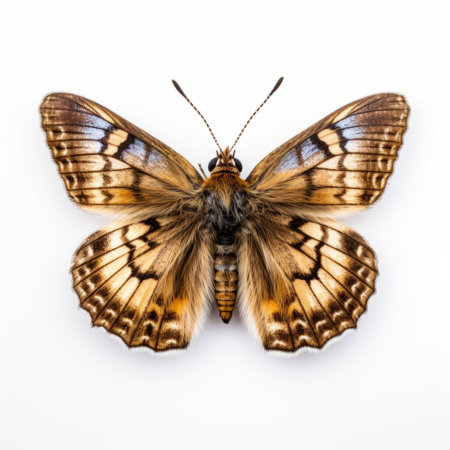 a brown and blue butterfly rests gracefully on a white surface, captured in the mesmerizing style of nadav kander. this time-lapse photograph showcases the butterfly's delicate beauty, reminiscent of the florentine renaissance era. the majestic composition, with its symmetrical and naturalistic elements, evokes a sense of nostalgic charm. the butterfly's dark yellow and light silver hues add a touch of enchantment to the scene. aiの素材