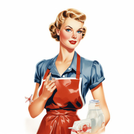 barbara in an apron is holding a bag of sugar in this classic graphic photo. the image features a white background, emphasizing the simplicity and charm of the scene. apron, sugar, classic, graphic, barbara, white background. ai generatedの素材