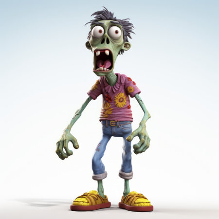 plastic cartoon zombie rendered in 3d, depicted in a squash pose against a white background. this comic character brings a playful and spooky vibe with vibrant colors and exaggerated features. the whimsical zombie stands out in its full-body portrayal, perfect for halloween themes or creative projects. ai generatedの素材