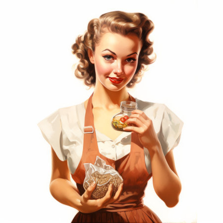 barbara in a vintage apron holds a bag of sugar in this nostalgic artwork. the simple elegance of the white background enhances the retro charm of the scene. vintage, artwork, barbara, apron, sugar, white background. ai generatedの素材