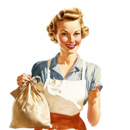barbara in apron holds a bag of sugar, creating classic graphics against a white background. kitchen, baking, cooking, vintage, and retro vibes are evident in this image. ai generatedの素材