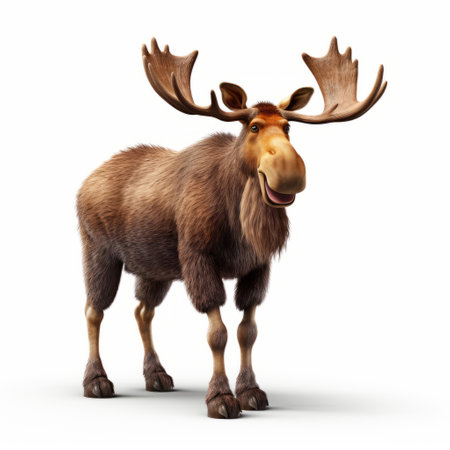a moose stands majestically on a white background in an impressive pixar-style illustration. the realism of the artwork is truly striking, especially in its 8k uhd resolution. ai generatedの素材