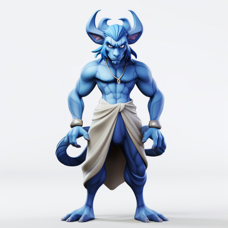 3d djinn character in cel shading style, making eye contact with the camera in a full-body shot. the magical creature is prominently featured against a plain white background. this unique blend of digital art and fantasy elements creates a striking visual impact. ai generatedの素材