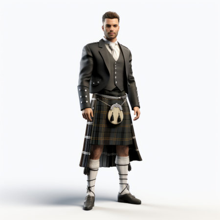 male model wearing high-quality fashion attire showcasing a scottish ale brand, depicted in a 3d rendering. the detailed full-body shot captures the essence of luxury and style against a clean white background. perfect for promotional material or editorial content related to fashion and beverage industries. ai generatedの素材