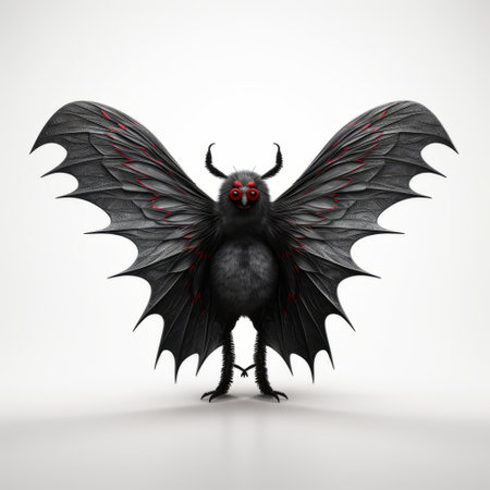 3d mothman with cel-shaded style standing against a white background. the mothman is looking directly at the camera in this full-body shot. this eerie and mysterious creature is beautifully rendered in a minimalistic and striking manner. ai generatedの素材
