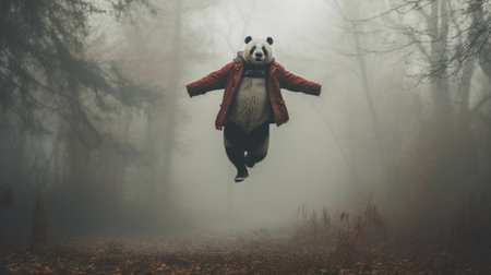 a vibrant panda levitates gracefully in a foggy, wintery forest, standing out against the monotone backdrop. the full-body pose captures the gentle movement of the floating subject in this editorial photoshoot. shot in hasselblad film photography, this unique image combines whimsy and elegance in a surreal setting. ai generatedの素材