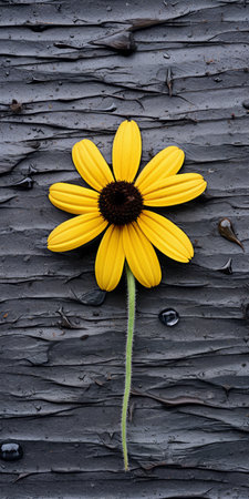 black-eyed susan flower blooming on a black shingle, captured in a tabletop photography style. the image showcases visually tactile surfaces and sustainable design. shot with a voigtlander bessa r2m camera, the dark gray and black tones create a soft focus effect. ai generatedの素材