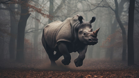 a vibrant rhinoceros towers in a misty winter forest, casting an ethereal presence. the scene captures a surreal blend of levitation and grace, contrasting the dull surroundings. this full-body shot with delicate poses evokes a dreamlike ambiance. the image, shot with hasselblad film camera, exudes an editorial feel perfect for magazines. ai generatedの素材