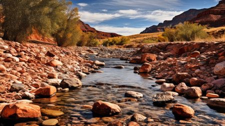 river flowing through a canyon with rocks, showcasing the rustic charm of rural america. the phoenician art-inspired scene is captured beautifully with the zeiss batis 18mm f2.8 lens, resulting in a clean and sharp inking. the light amber and red tones create a saturated color scheme reminiscent of american tonalist paintings. ai generatedの素材