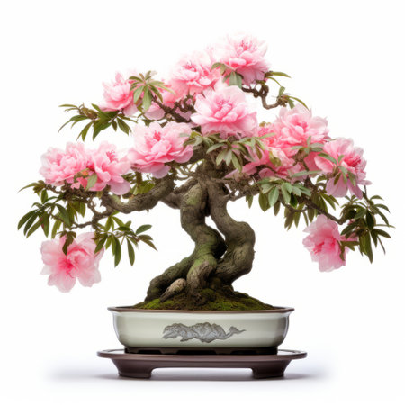 peony bonsai tree, isolated on a clean white background without any shadows, ideal for botanical enthusiasts and garden decor enthusiasts. white background showcases the stunning details and vibrant colors of the peony bonsai, a perfect addition to any indoor garden or plant collection. ai generatedの素材
