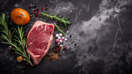 red steak with aromatic herbs and oranges on a rustic black concrete background. this visually striking image showcases a combination of bold chromaticity and precise spatial composition. the style is reminiscent of pink and gray aesthetics, with a touch of drugcore influence. the overall effect is both pastoral and modern, with a hint of elegance brought by the marble elements. ai generatedの素材