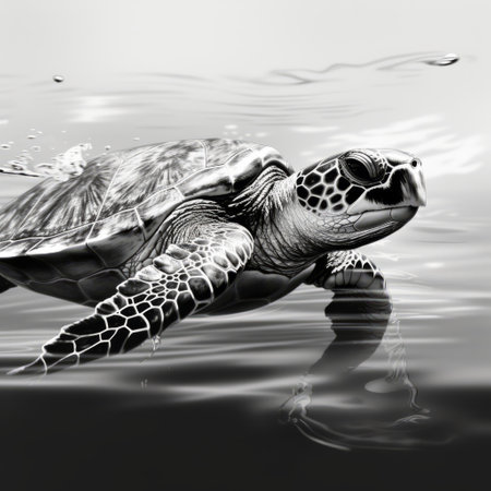a turtle depicted in black and white with minimalist strokes, showcasing bold saturation. the artist is an innovator known for their realistic and lifelike accuracy, with a keen eye for framing and abstract minimalism. they appreciate hyper-realistic atmospheres and incorporate rim light to enhance their artwork. ai generatedの素材