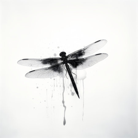 a dragonfly captured in a striking black and white image, showcasing minimalist strokes and bold saturation. this piece is a testament to the artist's innovative style and realist approach, capturing lifelike accuracy with a touch of abstract minimalism. the use of rim light enhances the hyper-realistic atmosphere, making it a must-see for art enthusiasts. ai generatedの素材