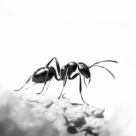 a black and white photo of an ant captured with minimalist strokes, bold saturation, and lifelike accuracy. the image showcases an innovative approach to realism, focusing on framing, abstract minimalism, and hyper-realistic atmospheres. the rim light adds a touch of drama to the composition, appealing to appreciators of unique and detailed photography. ai generatedの素材