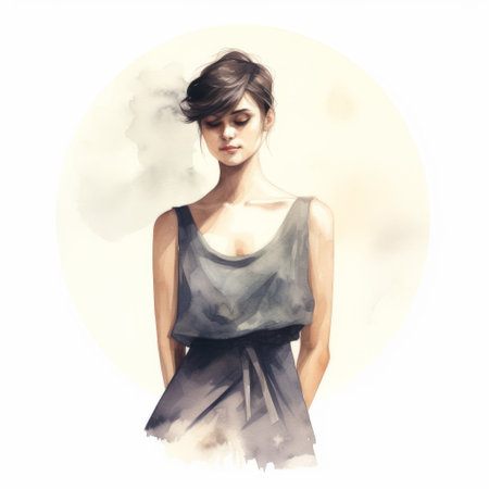 the single figure depicted in this vintage-style watercolored artwork is luna, featuring short hair and standing against a white background. this full-body portrait captures luna's unique charm and character in a whimsical and artistic presentation. ai generatedの素材
