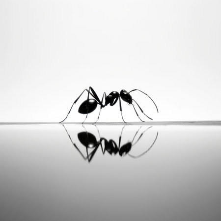 black and white ant captured with minimalist strokes and bold saturation, showcasing lifelike accuracy and innovative realism. this image appeals to fans of framing, abstract minimalism, and hyper-realistic atmospheres, highlighted by a striking rim light. ai generatedの素材