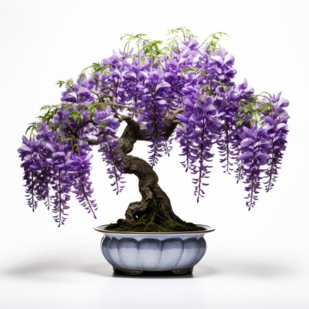 the wisteria bonsai tree shines in all its glory, capturing the essence of elegance and tranquility. with a pure white background, the intricate details of the bonsai are highlighted, creating a captivating visual feast. the absence of shadows enhances the beauty of this stunning botanical masterpiece. ai generatedの素材