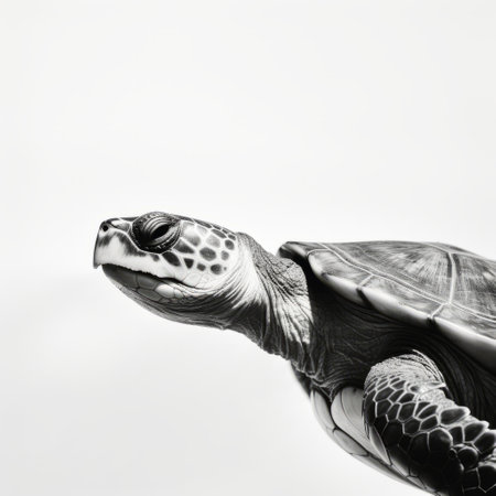 a turtle depicted in black and white using minimalist strokes, showcasing bold saturation and exemplifying the innovator of realism. the lifelike accuracy, framing, and abstract minimalism appeal to appreciators of hyper-realistic atmospheres, enhanced by the striking rim light. ai generatedの素材