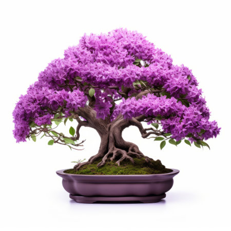 lilac bonsai tree against a purely white background, highlighting its delicate branches and vibrant purple flowers. this image captures the beauty of a bonsai in a minimalistic setting, showcasing its intricate details and serene aesthetic. a perfect addition to any botanical or nature-themed design project. ai generatedの素材