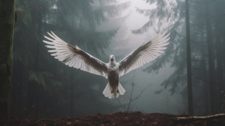a vibrant seagull gracefully levitates in a foggy winter forest, standing out vividly against the monotone backdrop. the full-body pose captures its delicate presence, evoking a sense of ethereal beauty. this unique image, shot with a hasselblad camera, offers a striking contrast between the colorful subject and the muted surroundings, ideal for a magazine editorial photoshoot. ai generatedの素材