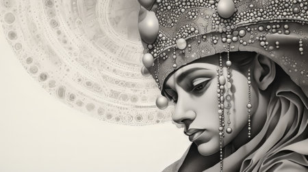 genie portrait in pointillism style, rendered in black and white. the graphite drawing features intricate sketch marks and planning lines adding depth and texture to the artwork. the detailed technique creates a captivating visual effect, emphasizing the magical presence of the genie. ai generatedの素材