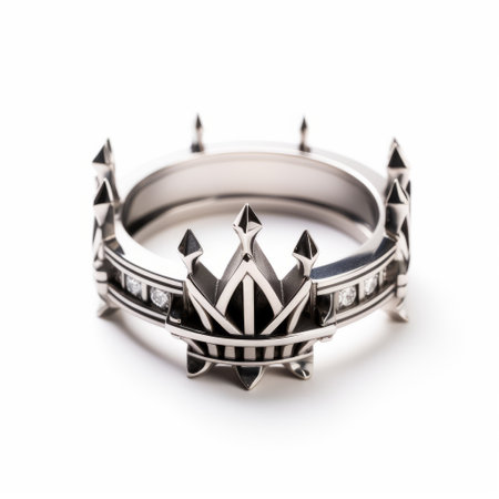 the steel ring, exuding regal elegance, is reminiscent of a majestic crown in this product photo. against a crisp white background, the intricate design and polished finish of the ring are highlighted, perfect for those seeking a touch of royal flair in their accessories. ai generatedの素材