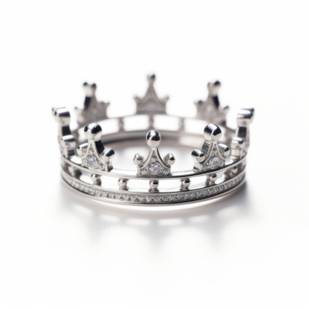 the silver ring in the photo, inspired by a crown, shines elegantly against a white background. its regal design exudes sophistication, making it a perfect accessory for special occasions. the intricate details and silver finish enhance its royal charm, creating a timeless piece that adds a touch of luxury to any outfit. ai generatedの素材