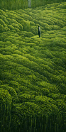 a man stands in the center of a green grassy area, holding a basket in this painting. the artwork, inspired by the styles of bess hamiti, kuang hong, and paul corfield, features intricate cellular formations and wavy resin sheets. the detailed crowd scenes add depth to the composition. the image has a resolution of 3840x2160. ai generatedの素材