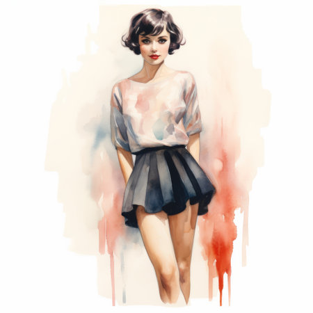penelope, a single figure, is depicted in a full-body watercolored artwork with vintage vibes. she has short hair and stands against a clean white background. ai generatedの素材