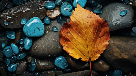 autumn leaf on stone background with rain drops, dark aquamarine and blue, realism with surrealistic elements. uhd image by caras ionut, featuring dark amber and yellow tones. juxtaposition of objects creates a sense of humanistic empathy. ai generatedの素材