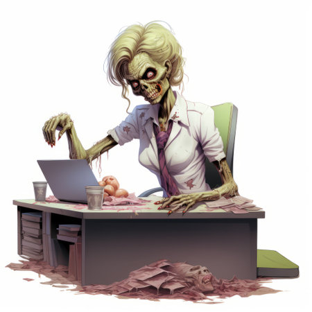 zombie administrative assistant illustration featuring a ghastly undead office worker, covering full body, set against a plain white background. perfect for halloween-themed designs and horror-themed projects. ideal for adding a spooky touch to your creative endeavors. ai generatedの素材