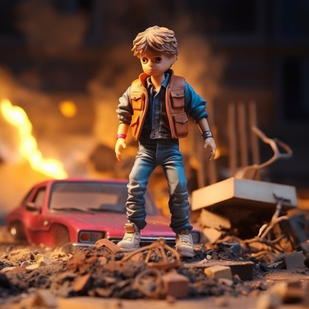 sandbox figure from "back to the future" captured in cinematic sandbox style photo, kids' eyes drawn to isolated figure. iconic scene recreated in miniature, perfect for fans. ai generatedの素材