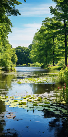 the pond scenery stretches endlessly, captured in real photos. the tranquil waters reflect the sky, trees, and wildlife in a serene mirror. the expansive view showcases the beauty of nature, with lush greenery and clear blue skies merging seamlessly in the captivating image. ai generatedの素材