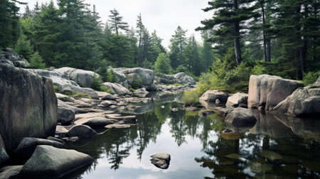 rocks in the water reflect on the forest rocks, creating a whimsical wilderness scene. captured with a graflex speed graphic camera, this photo showcases a serene and peaceful ambiance found in plein air landscapes. with its serene pastoral scenes, this national geographic photo transports viewers to a tranquil natural setting. ai generatedの素材