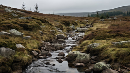 small stream running through scottish landscape, captured by stephen shortridge using sigma 85mm f/1.4 dg hsm art lens. the hazy scenery showcases a mix of light gray and dark amber tones. this photo also features the zeiss milvus 25mm f/1.4 ze lens, adding depth to the composition. andre-charles boulle's influence can be seen in the intricate details of the surrounding nature. ai generatedの素材