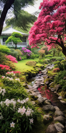 the garden scenery captured in this photo is breathtaking, stretching as far as the eye can see. the lush greenery, vibrant flowers, and clear skies create a picturesque landscape that is truly mesmerizing. the real photos showcase the beauty of nature in all its glory. ai generatedの素材