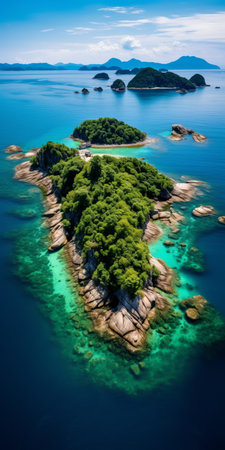 the islet scenery stretches out endlessly in this photograph, capturing the natural beauty of the surroundings. the serene and unspoiled landscape invites viewers to immerse themselves in the tranquility of the isolated location. the image showcases the untouched beauty of the islet's surroundings, providing a glimpse into a secluded paradise. ai generatedの素材