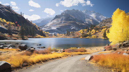 the vibrant and captivating lake hiking trail features a mix of yellow, blue, pink, and black hues, creating strong shadows under the golden light. the scene is reminiscent of a poetcore illustration, with high quality and high detail captured through a ferrania p30 film with a zoom lens. the composition echoes the works of ansel adams and andrew tischler. ai generatedの素材