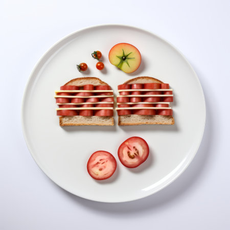 a minimalist optical illusion created with food items, displayed on a white isolated background. this unique design combines different foods in an artistic way that tricks the eye, making it visually captivating and intriguing for viewers, merging creativity with culinary aesthetics effortlessly. ai generatedの素材