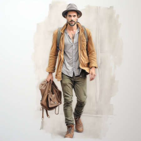 a male figure is depicted in a photo-realistic pencil sketch, showcasing detailed features and vibrant colors against a crisp white background. the artwork captures the subject in full body, highlighting the artist's skill in creating a striking and lifelike portrait. ai generatedの素材